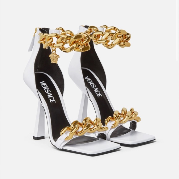 Versace White Heels With Gold Chain Versace Medusa Chain High Heel